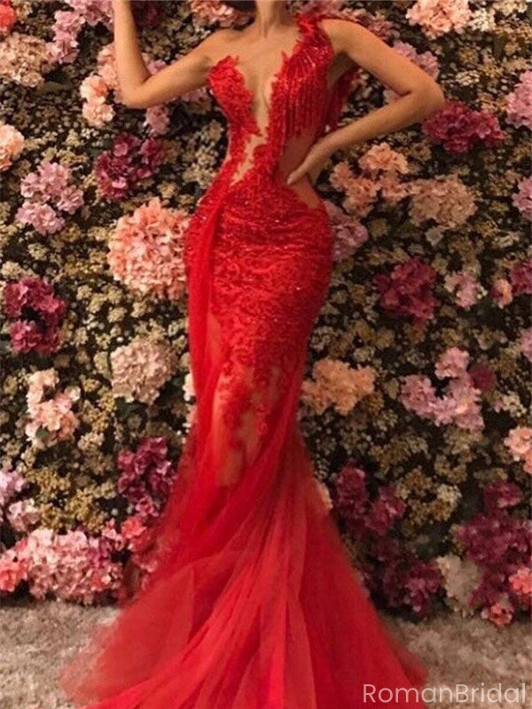 Unique Red Mermaid Lace Long Prom Dress Ideas, Evening Party Dresses, OLP1532