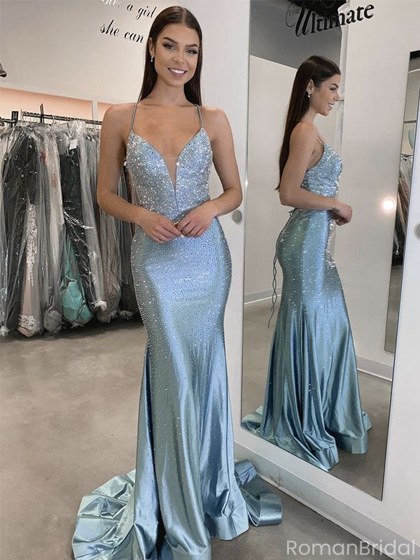 Fancy Glitzy Blue Prom Dress Deep V-Neck Sequined Mermaid Formal Gown,OLP1821