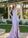 Modern Lavender Satin Prom Dress Beaded Sweetheart Neck Side Slit Ruched Formal Gown, OLP1702