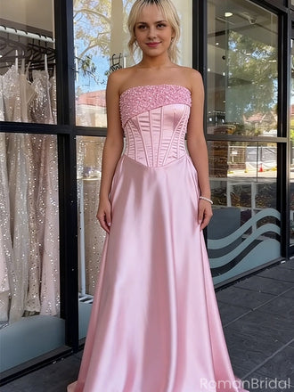 Fancy Pink Corset A-Line Satin Prom Dress with Beaded Bodice,OLP1757