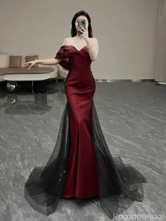 Elegant Red Off-Shoulder Mermaid Long Prom Dress Ideas, Evening Party Dresses, OLP1310