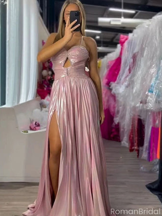 Elegant Pink Spaghetti Strap A-Line Side Slit Long Prom Dress Ideas, Evening Party Dresses, OLP1287