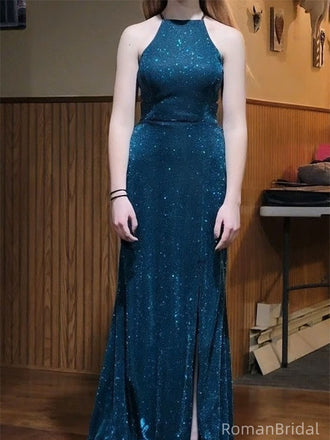 Shiny Blue Halter Mermaid Long Prom Dress Ideas, Evening Party Dresses, OLP1363