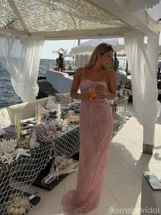 Sexy Pink Spaghetti Strap Mermaid Long Prom Dress Ideas, Evening Party Dresses, OLP1510