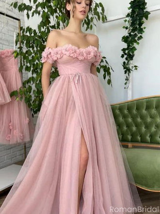 Elegant Pink Off-Shoulder Floral Mermaid Side Slit Long Prom Dress Ideas, Evening Party Dresses, OLP1296