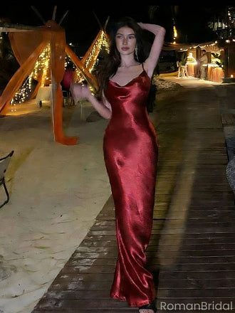 Classy Red Satin Strapless Prom Dress Sleek Backless Maxi Party Gown,OLP1812