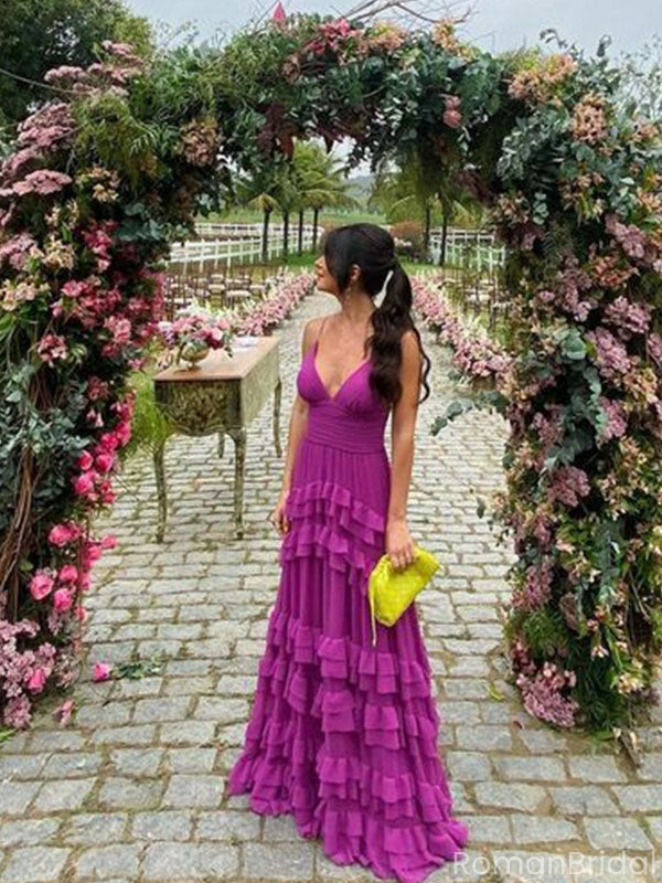Stunning Fuchsia Tiered Prom Gown Ruffled Deep V-Neck Formal Party Dress,OLP1827