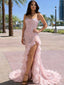 Unique Pink Sequin Strapless Prom Gown High Slit Ruffle Mermaid Formal Dress,OLP1840
