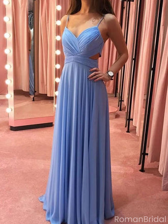 Elegant Blue Spaghetti-Strap A-Line Long Prom Dress Ideas, Evening Party Dresses, OLP1270