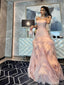 Modern Pale Pink Ruffle Prom Dress Strapless Tiered Tulle Party Gown,OLP1791