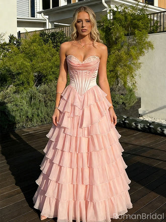 Unique Blush Pink Tiered Ruffle Prom Dress Strapless Boned Corset Tulle Ball Gown Skirt,OLP1741