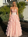 Unique Blush Pink Tiered Ruffle Prom Dress Strapless Boned Corset Tulle Ball Gown Skirt,OLP1741