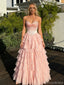 Unique Blush Pink Tiered Ruffle Prom Dress Strapless Boned Corset Tulle Ball Gown Skirt,OLP1741