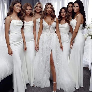 Elegant Spaghetti Straps Mermaid Ivory Long Bridesmaid Dresses Online, BG695