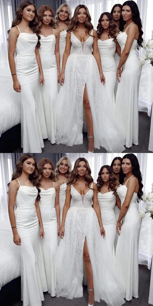 Elegant Spaghetti Straps Mermaid Ivory Long Bridesmaid Dresses Online, BG695