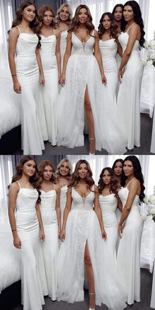 Elegant Spaghetti Straps Mermaid Ivory Long Bridesmaid Dresses Online, BG695