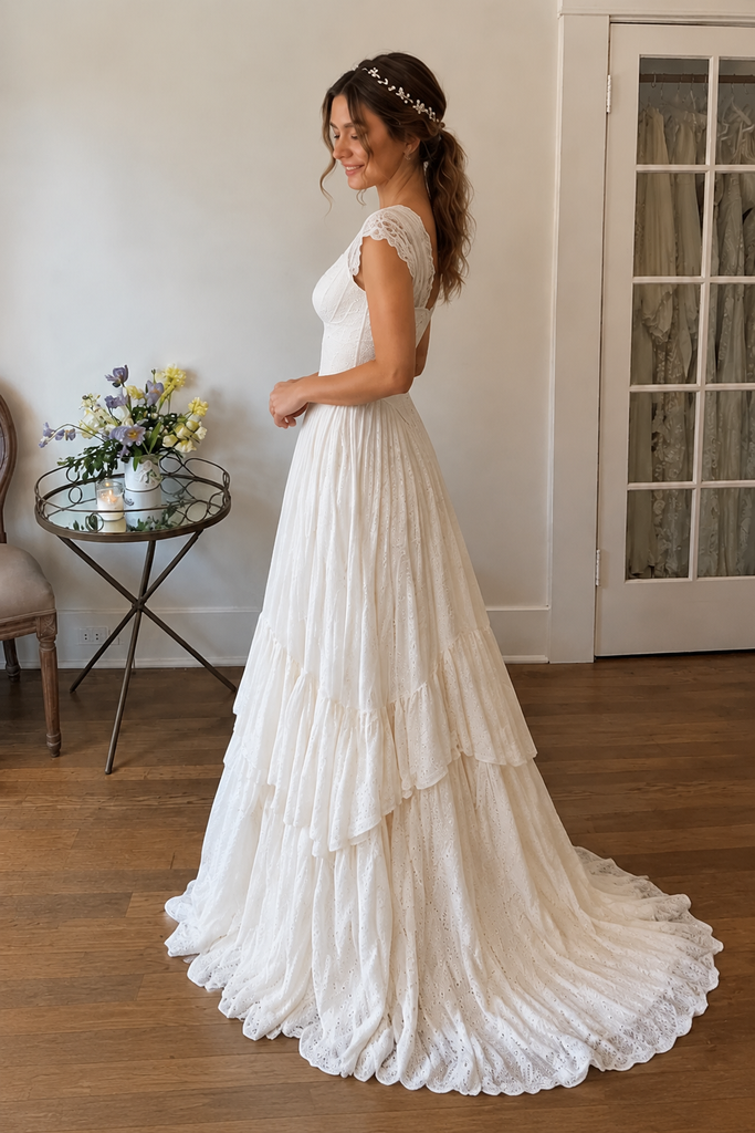 V Neck Cap Sleeve Floor Length A Line Wedding Dresses Tiered Lace Romantic,WD0649