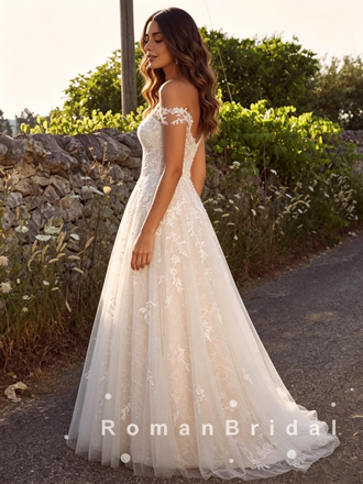 A-Line Off The Shoulder Tulle Lace Floor Length Wedding Dresses,RBWD0016