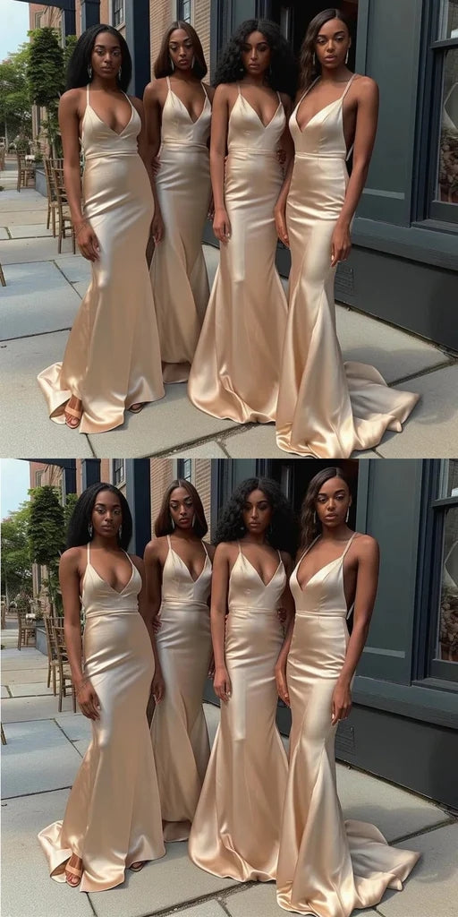 Sexy Spaghetti Straps V-neck Mermaid Champagne Long Bridesmaid Dresses Online, BG696