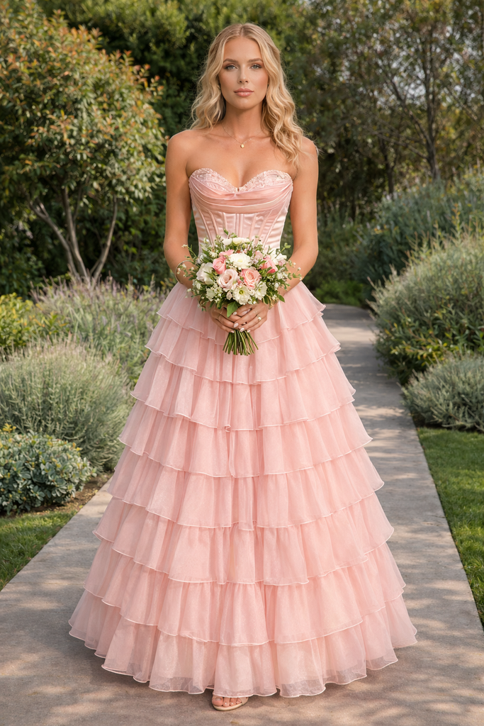 Unique Blush Pink Tiered Ruffle Prom Dress Strapless Boned Corset Tulle Ball Gown Skirt,OLP1741