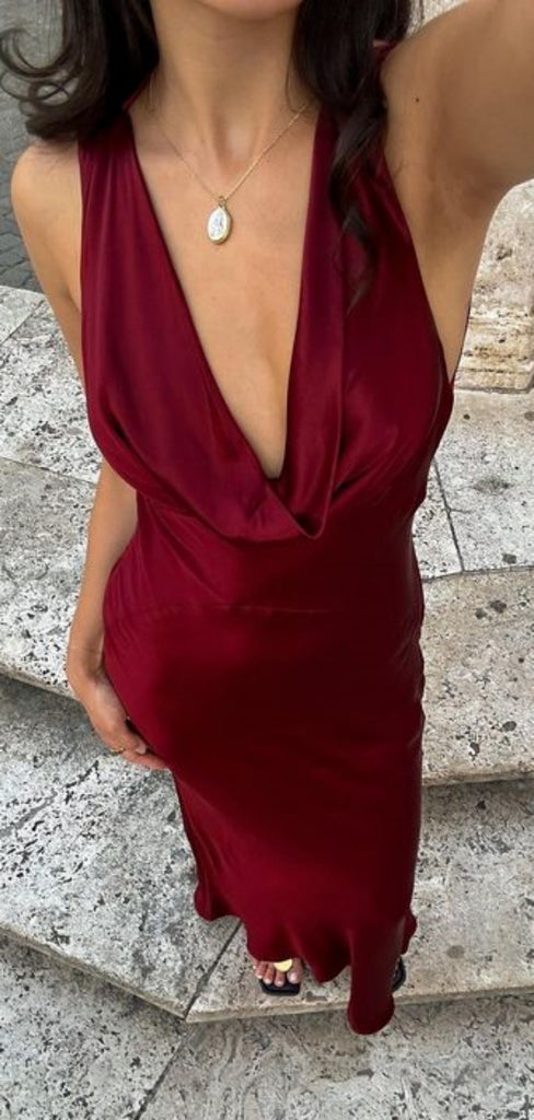 Sexy V-neck Sleeveless Mermaid Satin Evening Prom Dresses Online, OLP993