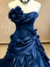 Navy Blue Prom Dress Strapless Sweetheart Ruffle Tiered Chiffon Ball Gown Floor Length,OLP2265