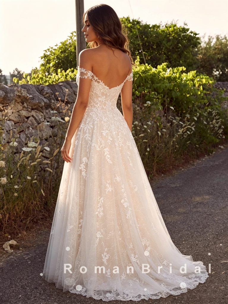 A-Line Off The Shoulder Tulle Lace Floor Length Wedding Dresses,RBWD0016