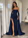 Fancy Navy Blue Strapless Cape Sleeve Slit Prom Dress,OLP2454