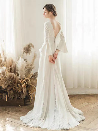 Elegant long Sleeves V-neck A-line Backless Lace White Wedding Dresses, WD0544