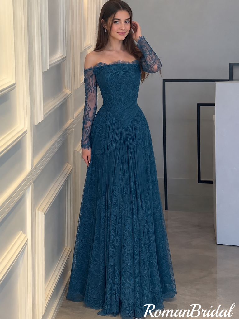 Chic Off Shoulder Long Sleeve Teal Lace Prom Dress A Line Floor Length Gown,OLP2413