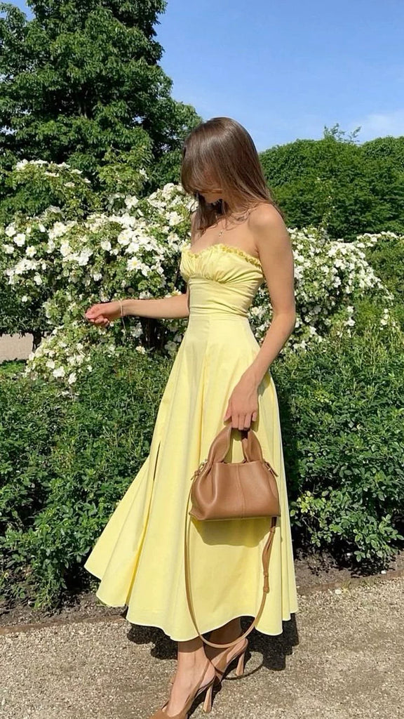 Pretty Yellow Cotton Prom Gown Strapless Sweetheart Neck Ruffle Bust Dress,OLP2117