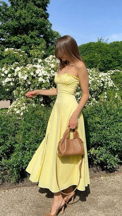 Pretty Yellow Cotton Prom Gown Strapless Sweetheart Neck Ruffle Bust Dress,OLP2117
