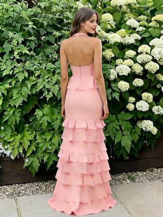 Lovely Pink V-Neck Mermaid Side Slit Long Prom Dress Ideas, Evening Party Dresses, OLP1682