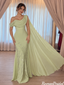 Elegant Sage Green One-Shoulder Chiffon Prom Dress Cape,OLP2467
