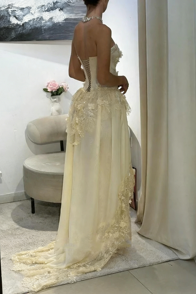 Elegant Yellow Floral Sweetheart A-Line Long Prom Dress Ideas, Evening Party Dresses , OLP1244