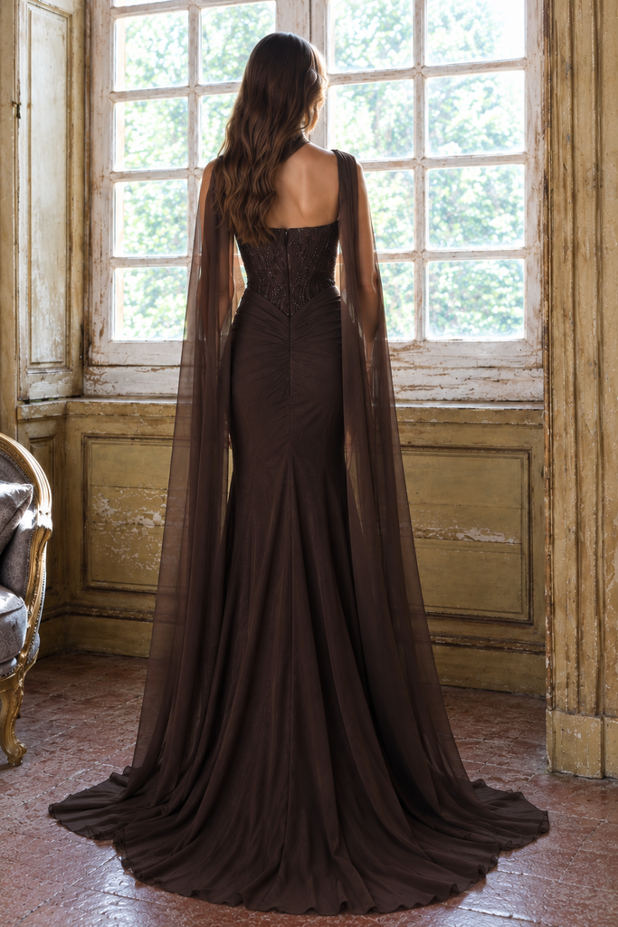 Modern Brown One-Shoulder Cape Beaded Evening Prom Dress,OLP2479