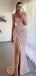 Sparkly Pink Sequin High Slit Prom Gown Strapless Ruched Formal Evening Dress,OLP1822