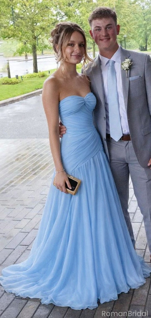 Chic Light Blue Strapless Chiffon Prom Dress Pleated A-Line Formal Dance Wear,OLP1851