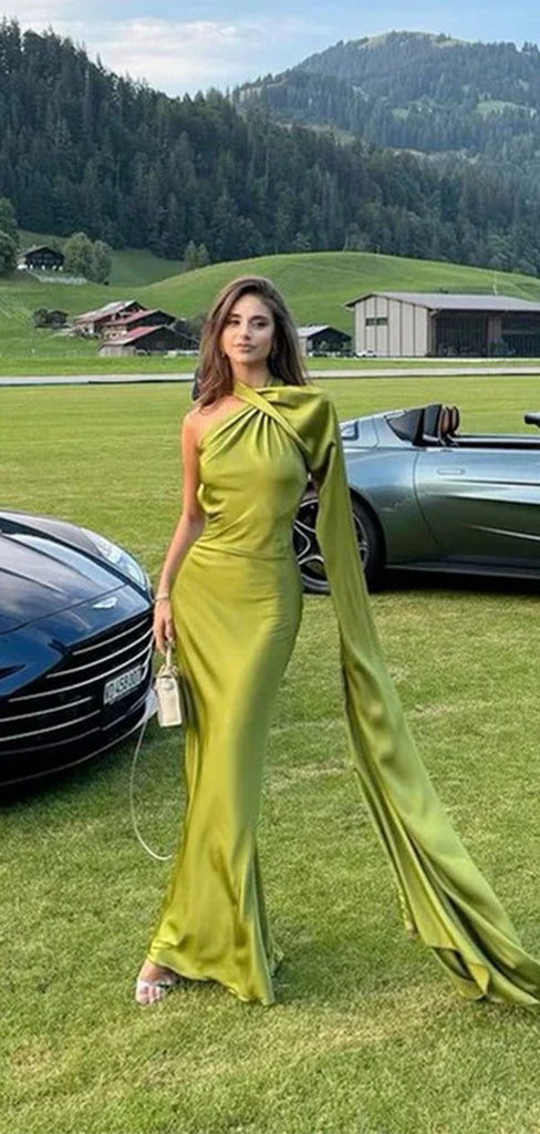 Elegant Green One-Shoulder Mermaid Long Prom Dress Ideas, Evening Party Dresses, OLP1253