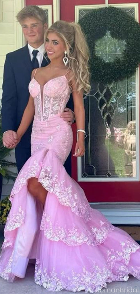 Elegant Applique Pink Spaghetti Strap Mermaid Long Prom Dress Ideas, Evening Party Dresses, OLP1630