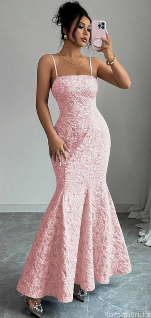 Elegant Applique Pink Spaghetti Strap Mermaid  Long Prom Dress Ideas, Evening Party Dresses, OLP1464