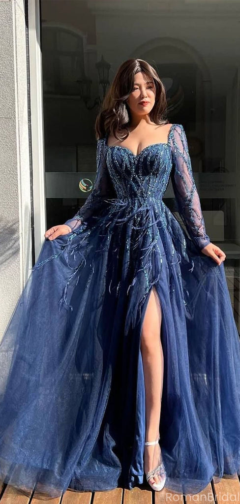 Unique Navy Blue Long Sleeve A-Line Long Prom Dress Ideas, Evening Party Dresses, OLP1564
