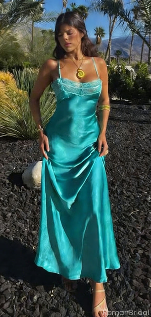 Fancy Teal Blue Satin Spaghetti-Strap Prom Dress with Side Slit,OLP1783