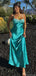 Fancy Teal Blue Satin Spaghetti-Strap Prom Dress with Side Slit,OLP1783