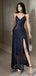 Sexy Navy Blue V-Neck Sequin Prom Gown Sparkling Sleeveless Sheath Dress with Slit,OLP1813
