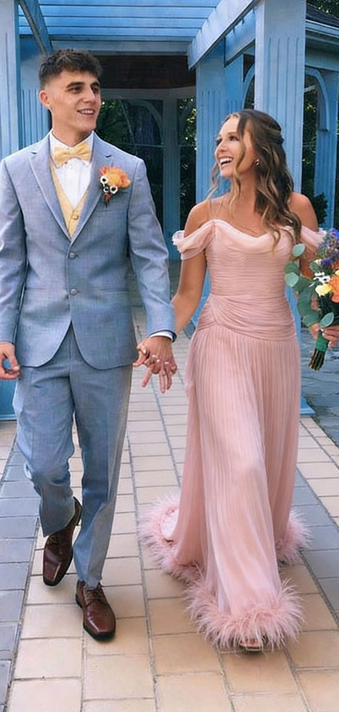Elegant Off-Shoulder Pink Prom Gown Pleated Chiffon Maxi Dress with Feather Trim,OLP1879
