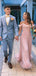 Elegant Off-Shoulder Pink Prom Gown Pleated Chiffon Maxi Dress with Feather Trim,OLP1879