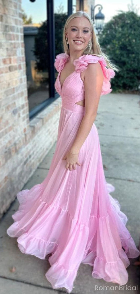 Unique Floral Applique Pink Prom Dress Ruched Bodice Flowy A-Line Evening Gown,OLP1828