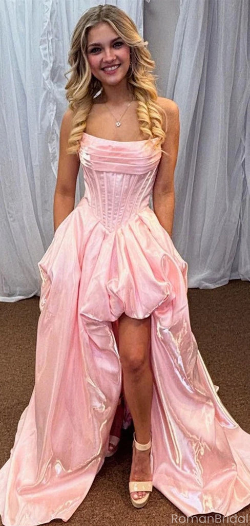 Modern Pink Taffeta High-Low Prom Dress Corset Bodice Pleated Party Gown,OLP1800