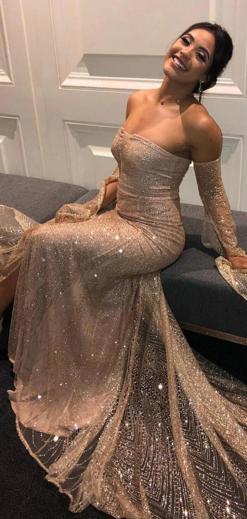 Sparkly Champagne Sweetheart Mermaid Long Prom Dress Ideas, Evening Party Dresses, OLP1521